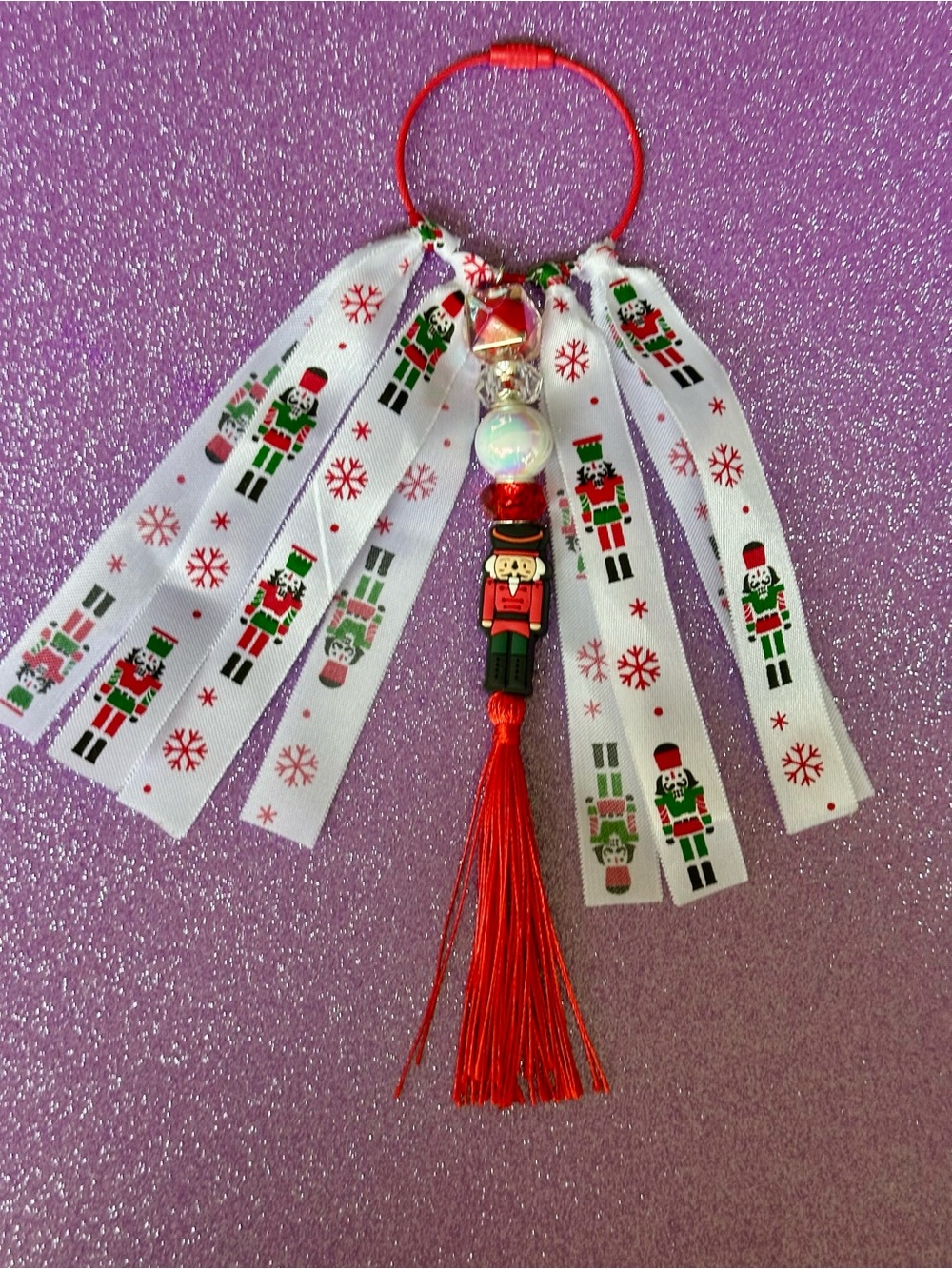 Red Nutcracker Tassel Keychain / Bag Charm with Nutcracker Ribbons - Handmade